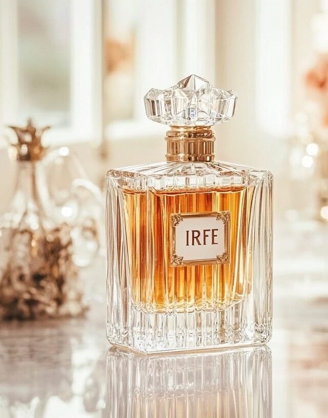 Elegant luxury perfume bottle displayed on a marble vanity