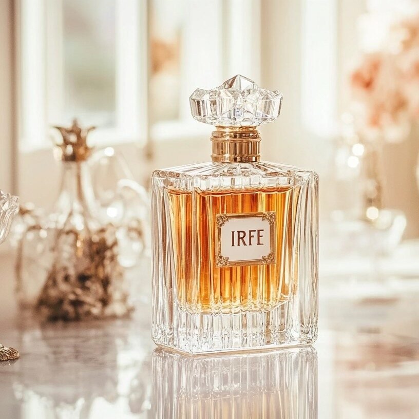 Elegant luxury perfume bottle displayed on a marble vanity